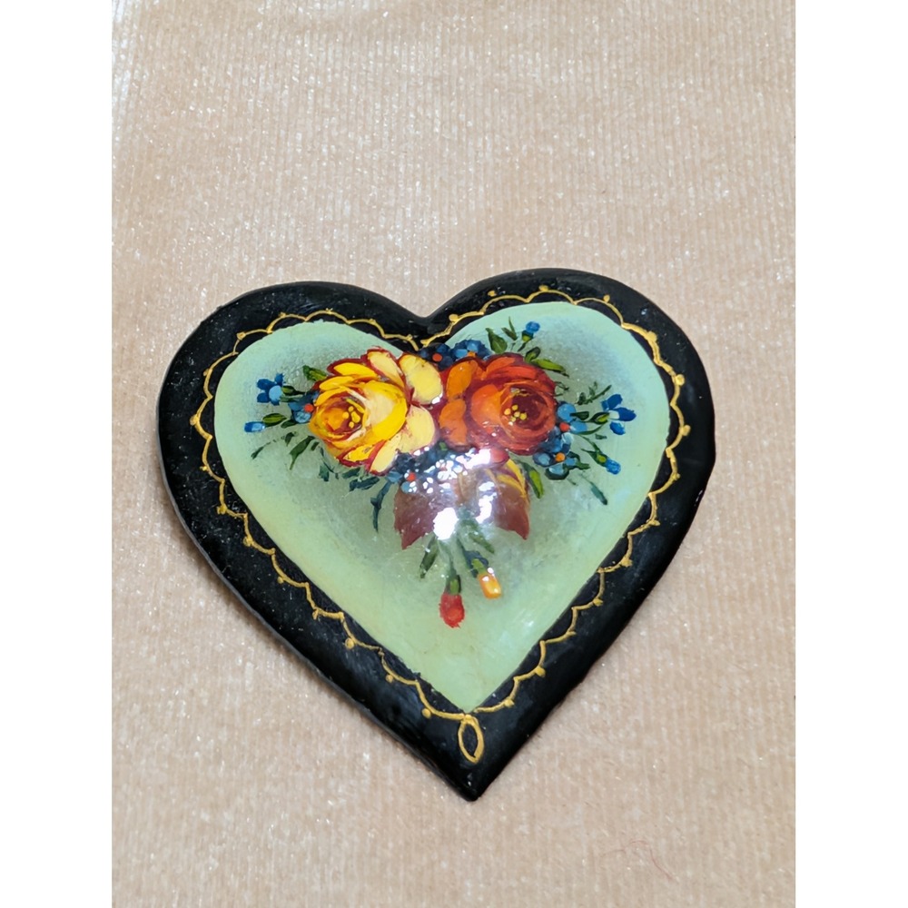 Vintage Russian Hand Painted Lacquer Heart Floral Brooch Pin Black 2in